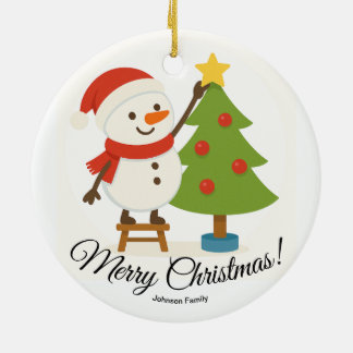 Cute Sneeuwman Versiert Boom Met Persoonlijke Naam Keramisch Ornament