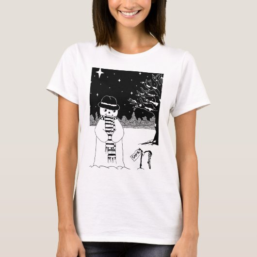 Cute sneeuwman zwarte & witte illustratie kerstmis t-shirt (Voorkant)
