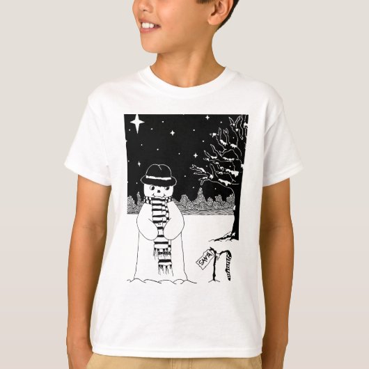 Cute sneeuwman zwarte & witte illustratie kerstmis t-shirt (Voorkant)