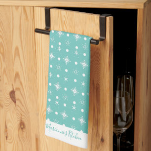 Cute Sneeuwvlokken Witte Patroon Script Naam Teal Theedoek