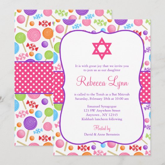Cute Snoep Bat Mitzvah Kaart (Voorkant / Achterkant)