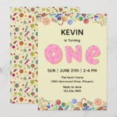Cute Snoep Theme First Birthday Invitation Kaart (Voorkant / Achterkant)