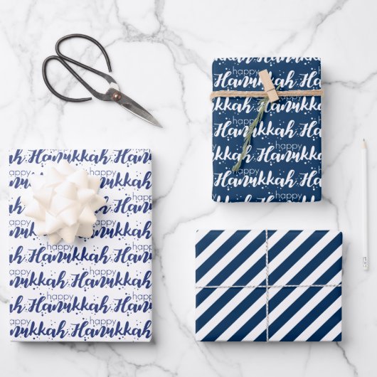 Cute Snow Bubbles & Stripes Happy Hanukkah Inpakpapier Vel (Voorkant)