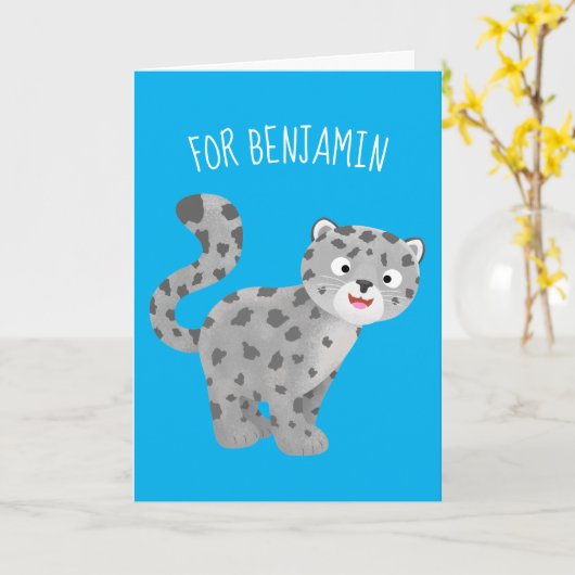 Cute snow leopard cartoon kaart (Gele Bloem)