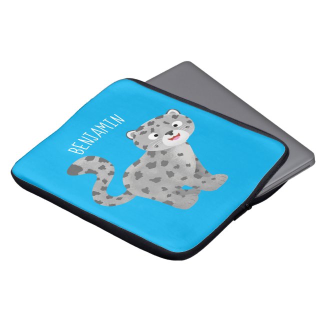 Cute snow leopard cartoon laptop sleeve (Voorkant top)