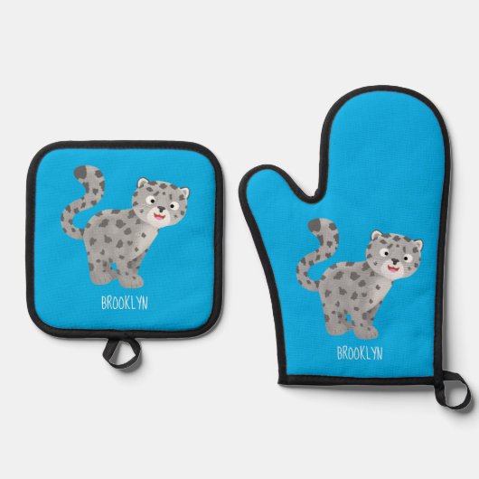 Cute snow leopard cartoon ovenwant & pannenlap set (Voorkant)