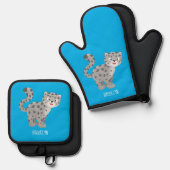 Cute snow leopard cartoon ovenwant & pannenlap set (Voorkant / Achterkant)