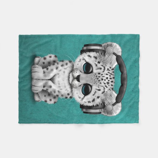 Cute Snow leopard Cub Dj met hoofdtelefoon Blauw Fleece Deken (Voorkant (Horizontaal))