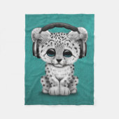 Cute Snow leopard Cub Dj met hoofdtelefoon Blauw Fleece Deken (Voorkant)