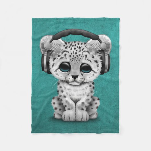 Cute Snow leopard Cub Dj met hoofdtelefoon Blauw Fleece Deken (Voorkant)