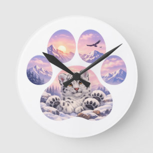 Cute Snow Leopard Paw Mountain Design Ronde Klok