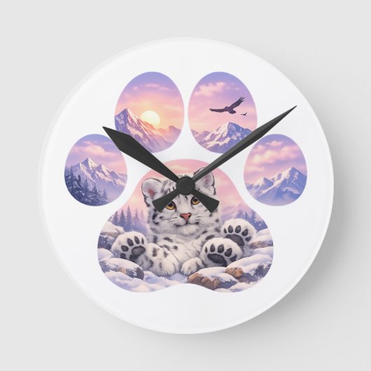 Cute Snow Leopard Paw Mountain Design Ronde Klok (Voorkant)