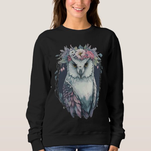 Cute Snow Owl Bird Flower Crown Floral Birds Trui (Voorkant)