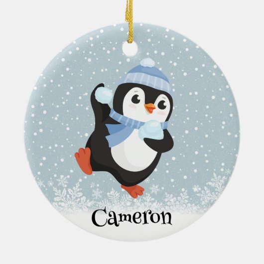 Cute Snowball Throwing Penguin Ornament (Achterkant)