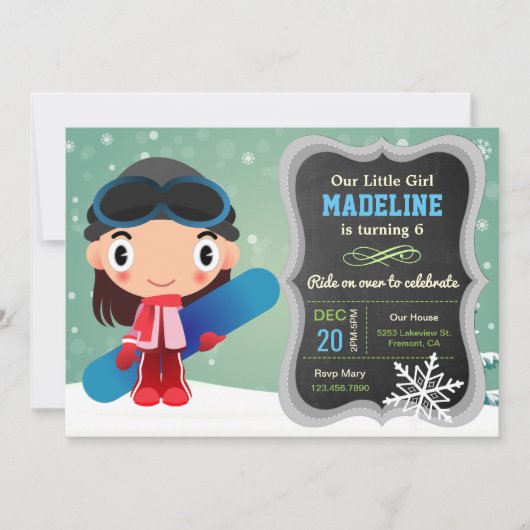 Cute Snowboard Girl Birthday Party Invitation Kaart (Voorkant)