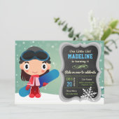 Cute Snowboard Girl Birthday Party Invitation Kaart (Staand voorkant)