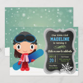 Cute Snowboard Girl Birthday Party Invitation Kaart (Voorkant / Achterkant)