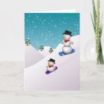 Cute Snowboarding Snowmen Feestdagen Kaart<br><div class="desc">Winterly grafische illustratie met twee schattige sneeuwpoppen in een sneeuwomgeving.</div>