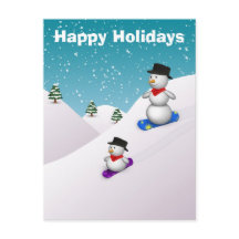 Cute Snowboarding Snowmen Happy Holiday Briefkaart