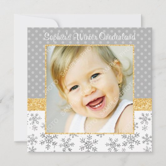 Cute Snowflake Silver Gold Winter Onederland Foto Kaart (Voorkant)