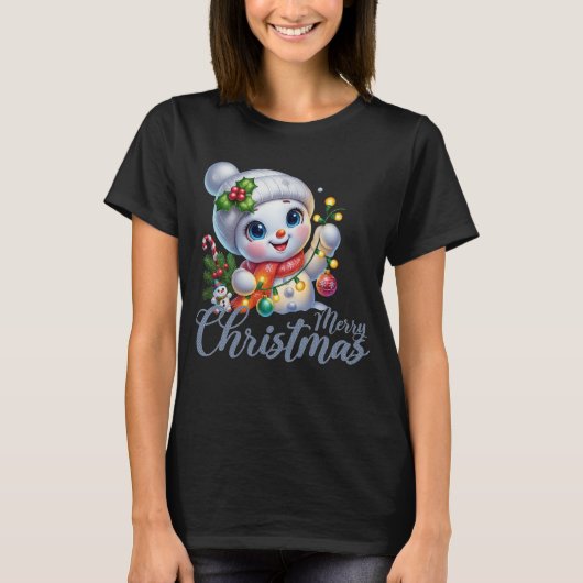 Cute Snowgirl Merry Christmas Lights Tee T-shirt (Voorkant)