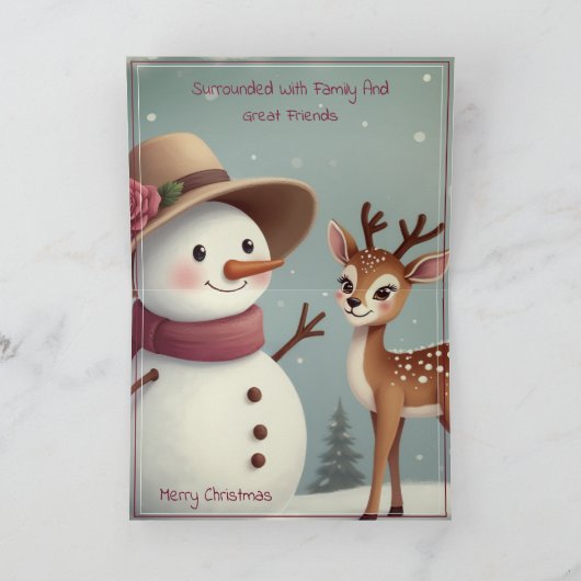 Cute Snowman And Deer Feestdagen Kaart (Binnen)