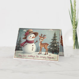 Cute Snowman And Deer Feestdagen Kaart