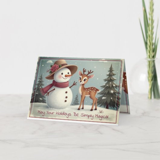 Cute Snowman And Deer Feestdagen Kaart (Voorkant)