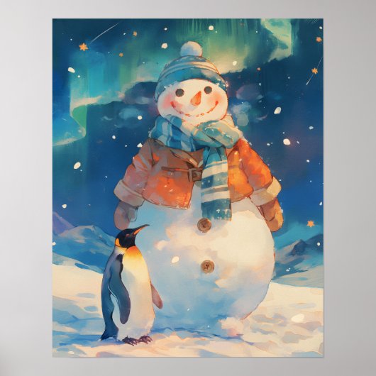 Cute Snowman and Penguin Northern Lights Nursery Poster (Voorkant)
