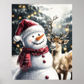 Cute Snowman and Reindeer Christmas Wall Art Poster (Voorkant)