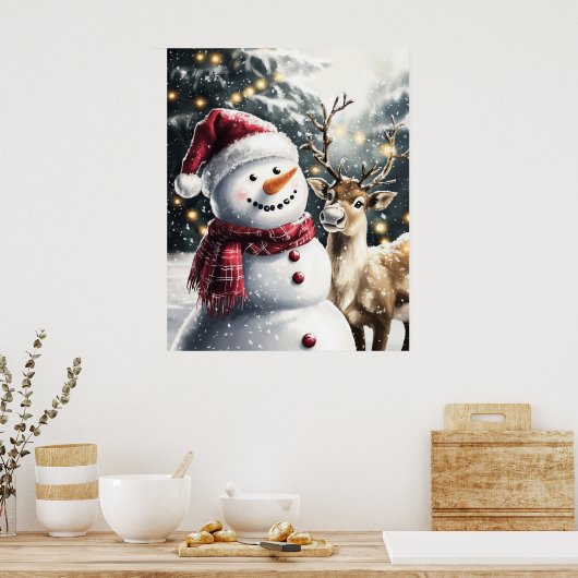 Cute Snowman and Reindeer Christmas Wall Art Poster (Keuken)