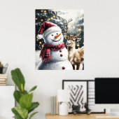 Cute Snowman and Reindeer Christmas Wall Art Poster (Thuiskantoor)