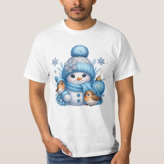 Cute Snowman and Winter Birds Christmas T-shirt (Voorkant)