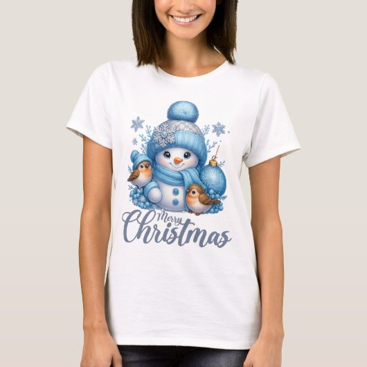 Cute Snowman and Winter Birds Christmas T-shirt (Voorkant)