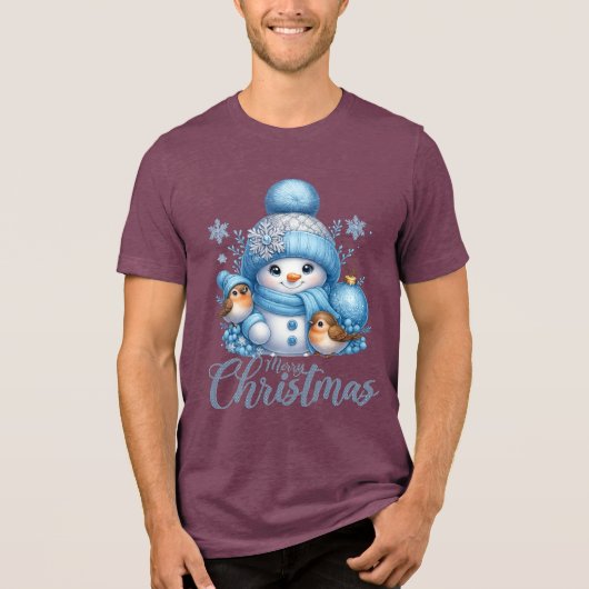 Cute Snowman and Winter Birds Christmas Tri-Blend Shirt (Voorkant)
