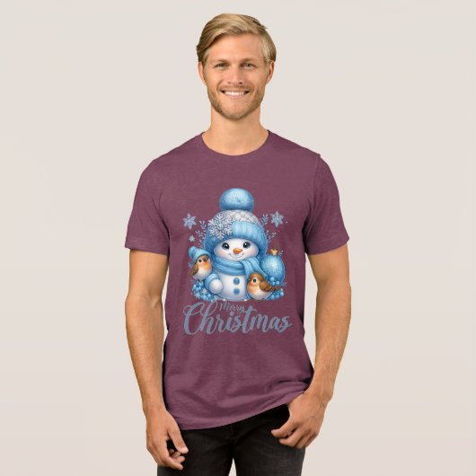 Cute Snowman and Winter Birds Christmas Tri-Blend Shirt (Voorkant volledig)