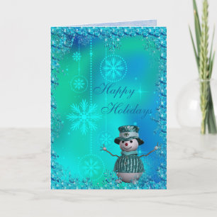 Cute Snowman, Blue Snowflakes & Sequins Kerstmis Feestdagen Kaart