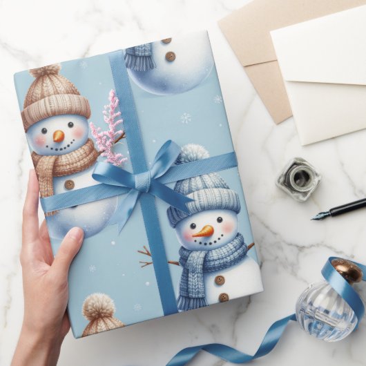 Cute Snowman Blue Snowy Background Christmas Cadeaupapier (Geschenken)