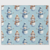 Cute Snowman Blue Snowy Background Christmas Cadeaupapier (Vlak)