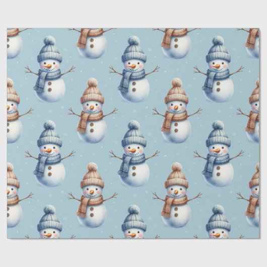 Cute Snowman Blue Snowy Background Christmas Cadeaupapier (Vlak)