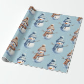 Cute Snowman Blue Snowy Background Christmas Cadeaupapier (Uitgerold)