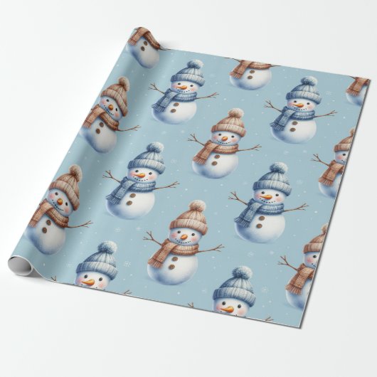 Cute Snowman Blue Snowy Background Christmas Cadeaupapier (Uitgerold)