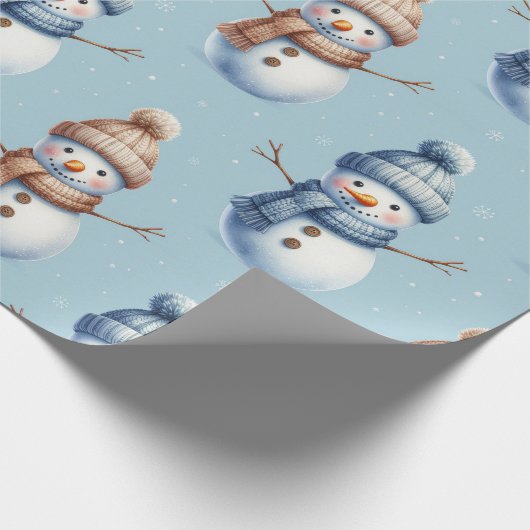 Cute Snowman Blue Snowy Background Christmas Cadeaupapier (Hoek)
