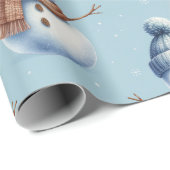 Cute Snowman Blue Snowy Background Christmas Cadeaupapier (Rol Hoek)