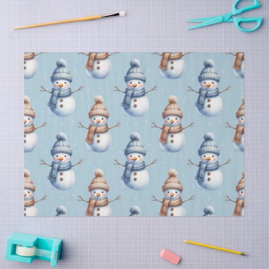 Cute Snowman Blue Snowy Background Christmas Tissuepapier (Craft)