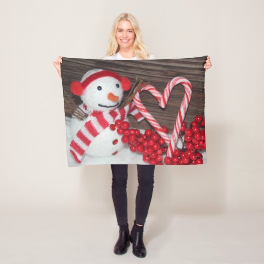 Cute Snowman Candy Cane Heart Red White Love Fleece Deken (In situ)