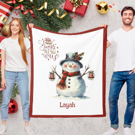 Cute Snowman Christmas Blanket for Kids With Name Fleece Deken