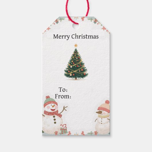 Cute Snowman Christmas Gift Tag With Tree Cadeaulabel (Voorkant)