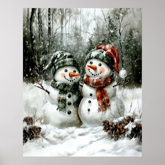 Cute Snowman Couple Christmas Wall Art Poster (Voorkant)