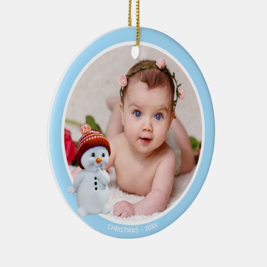 Cute Snowman & Custom Photo on Light Blue Keramisch Ornament (Rechts)